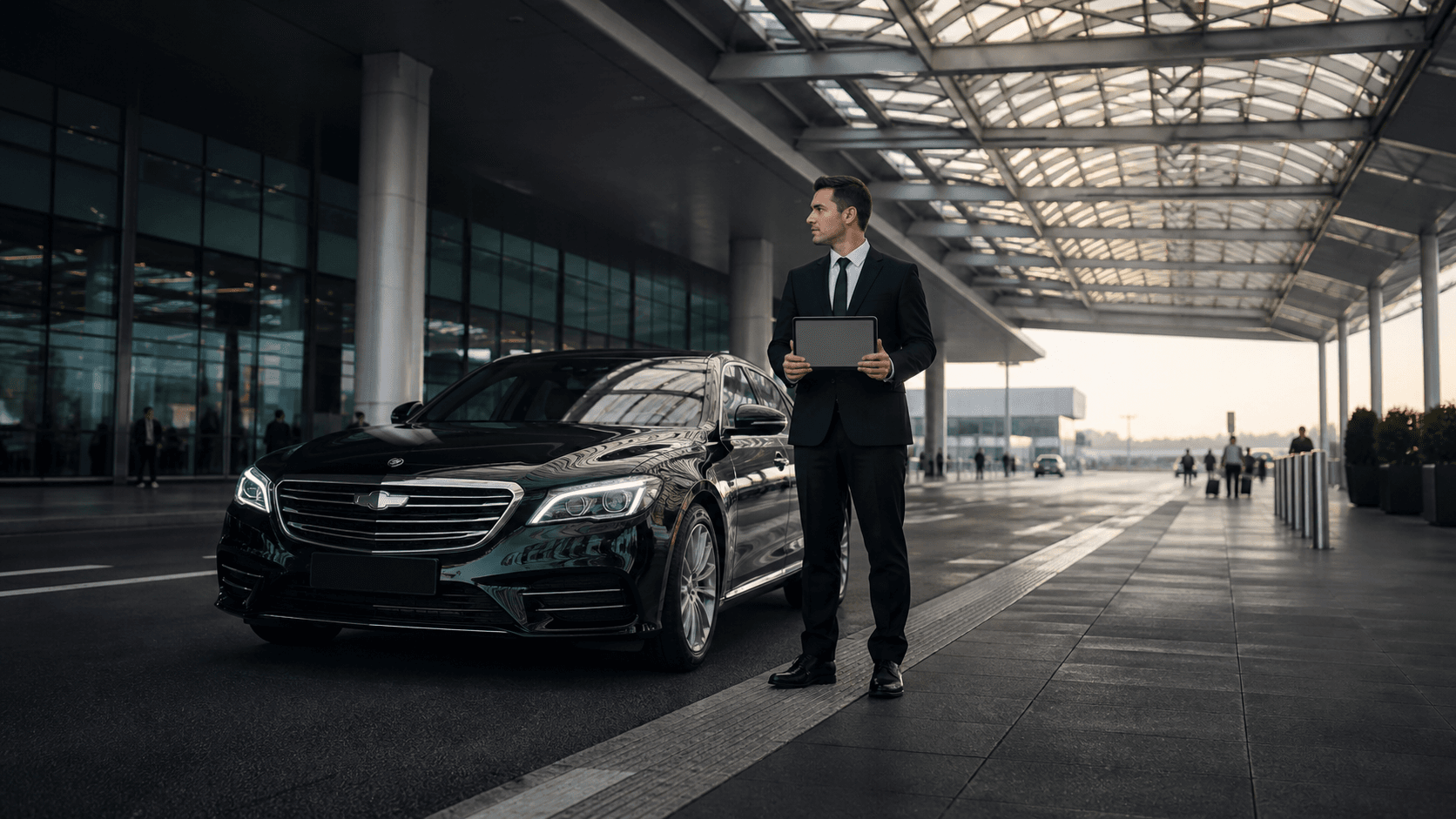 AirTransfer chauffeur and vehicle outside an airport